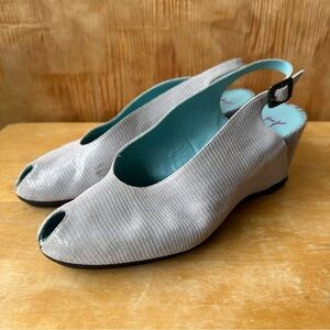 Thierry Rabotin Gray Snake Skin Slingback Open Toe Wedge Shoe